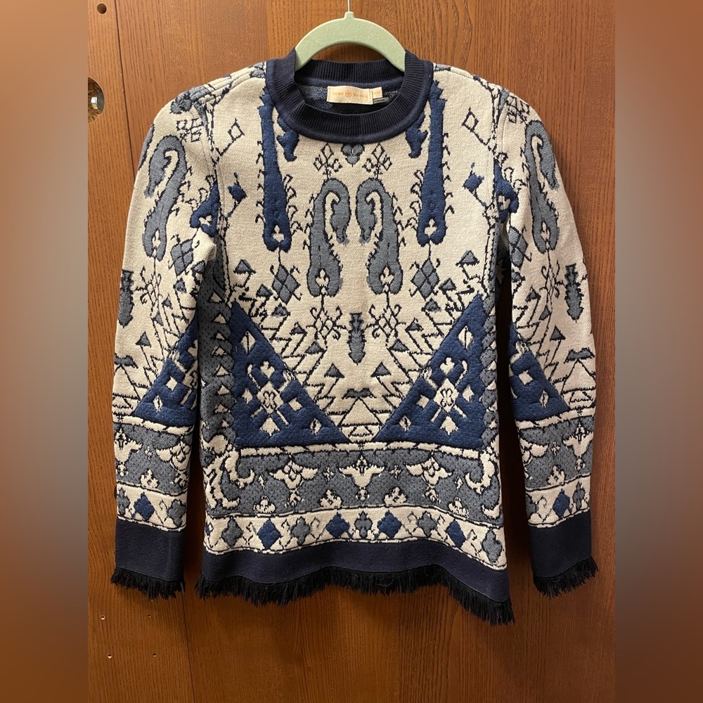 Tory Burch Crew Neck Sweater with fringe sleeves